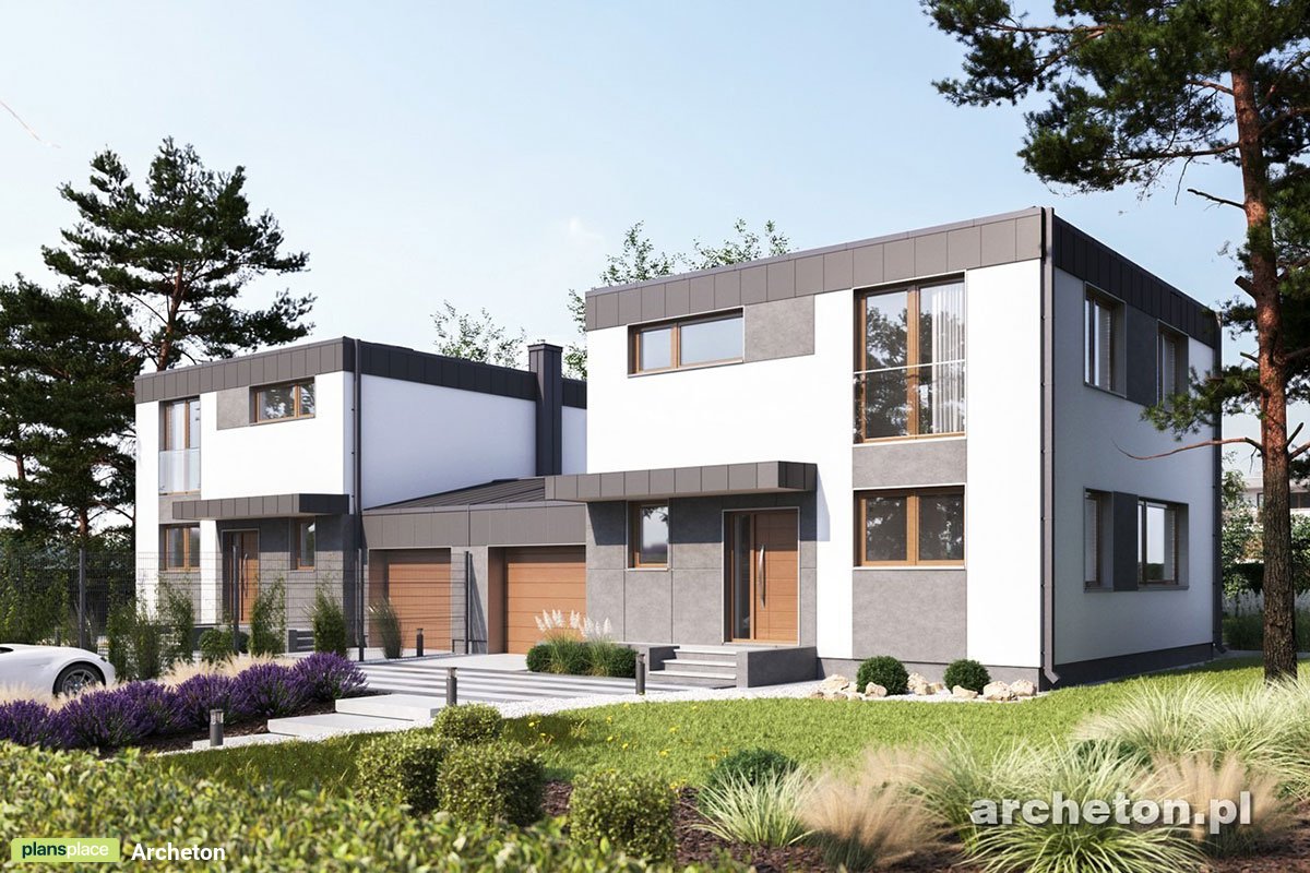 2-Story Duplex Plan with Flat Roof and 1-Car Garage