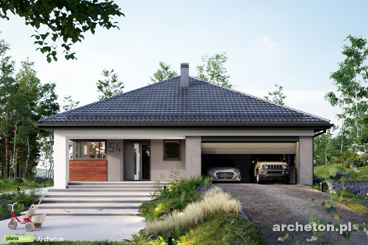 T-Shaped Home Plan with Corner Windows and 2-Car Garage