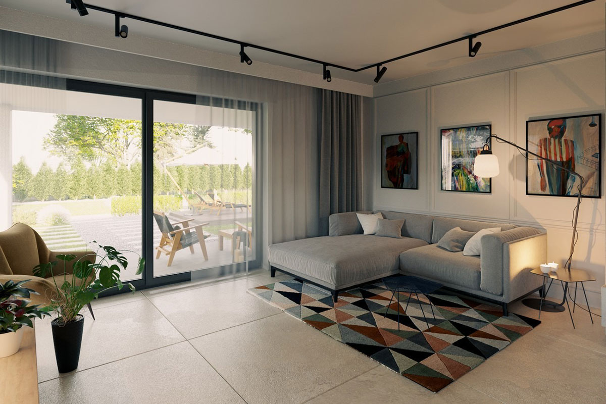 Vieno aukšto namo projektas 149 m²: 3 Miegamieji, Darbo kambarys, 2 Vonios, Atvira virtuvė, Garažas