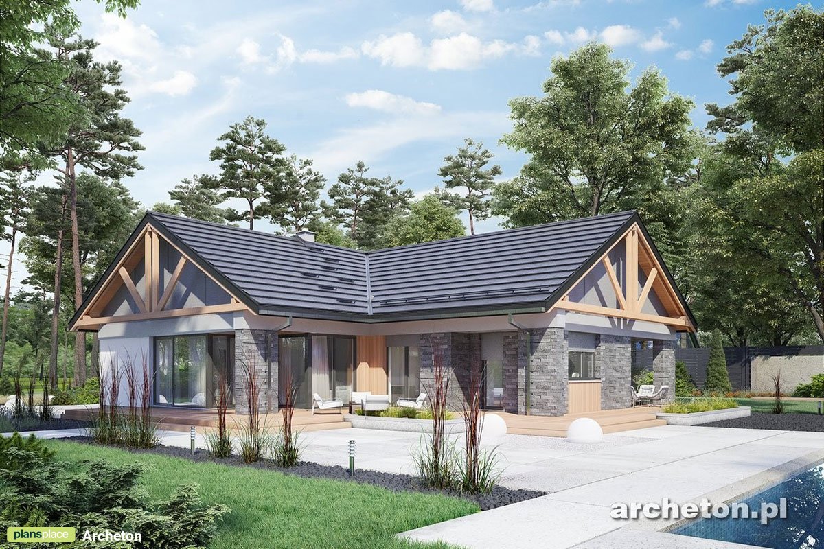 Vieno aukšto namo projektas 170 m²: 3 Miegamieji, Darbo kambarys, 2 Vonios, Atvira virtuvė, Garažas