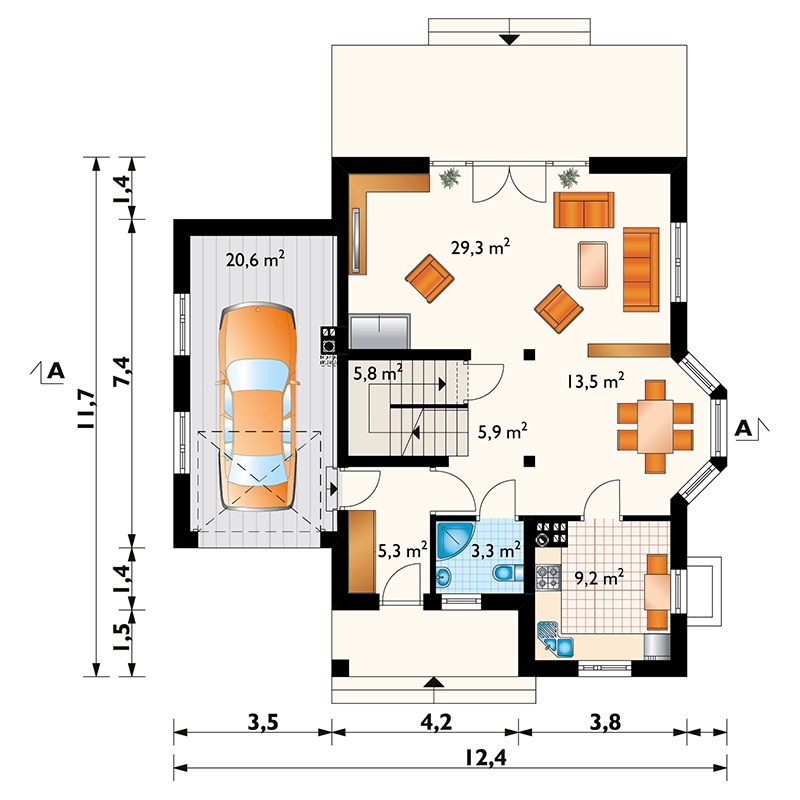 Namo projektas su mansarda + rūsiu 255 m²: 4 Miegamieji, 2 Vonios, Atvira virtuvė, Garažas