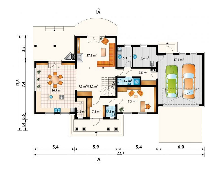 Namo projektas su mansarda 261 m²: 3 Miegamieji, Darbo kambarys, 3 Vonios, Atvira virtuvė, Garažas