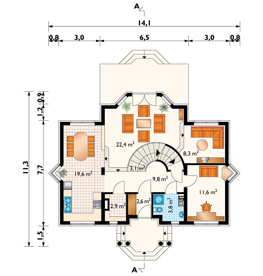 Namo projektas su mansarda + rūsiu 215 m²: 3 Miegamieji, Darbo kambarys, 3 Vonios, Atvira virtuvė, be Garažo