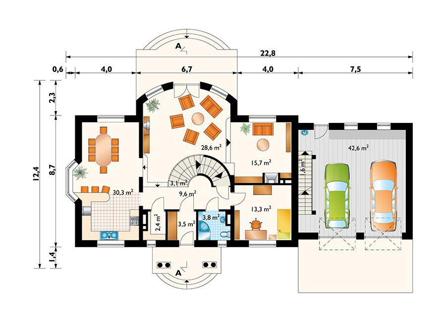 Namo projektas su mansarda + rūsiu 411 m²: 4 Miegamieji, 3 Vonios, Atvira virtuvė, Garažas