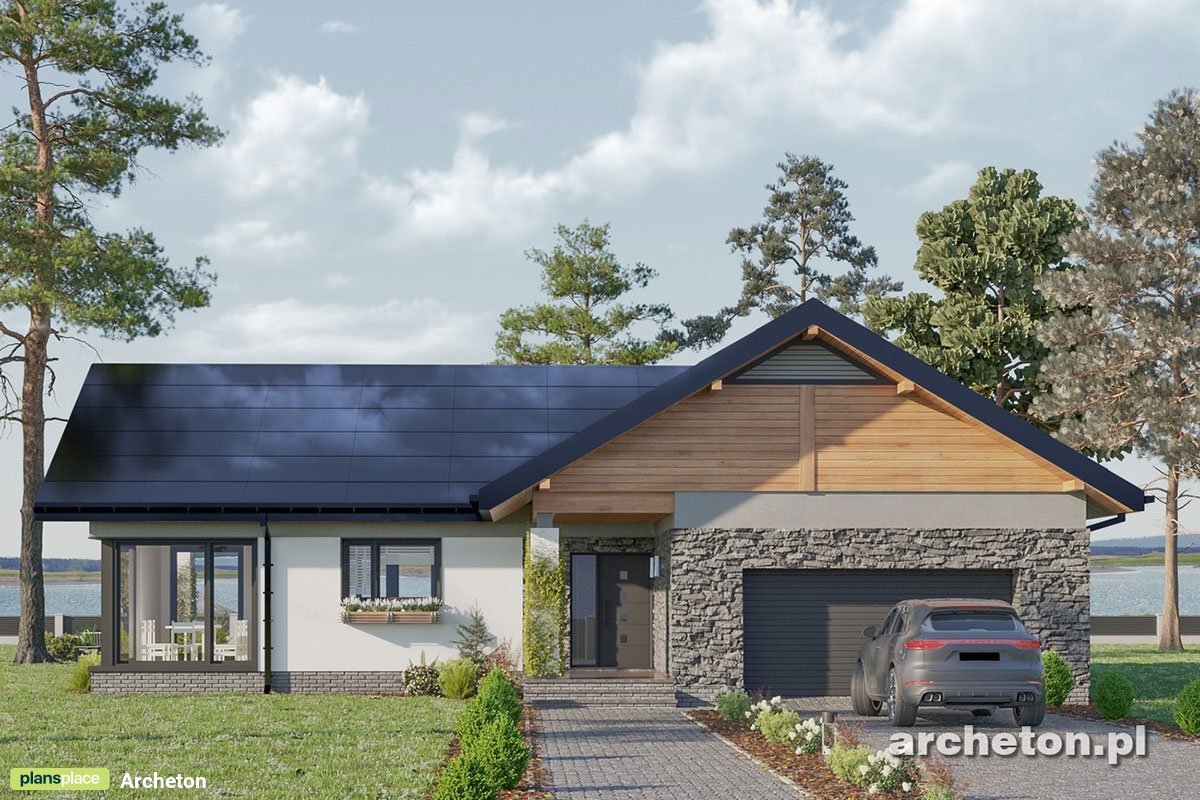 One-story T-Shaped House Plan with 3 Gables and Gable Roof 