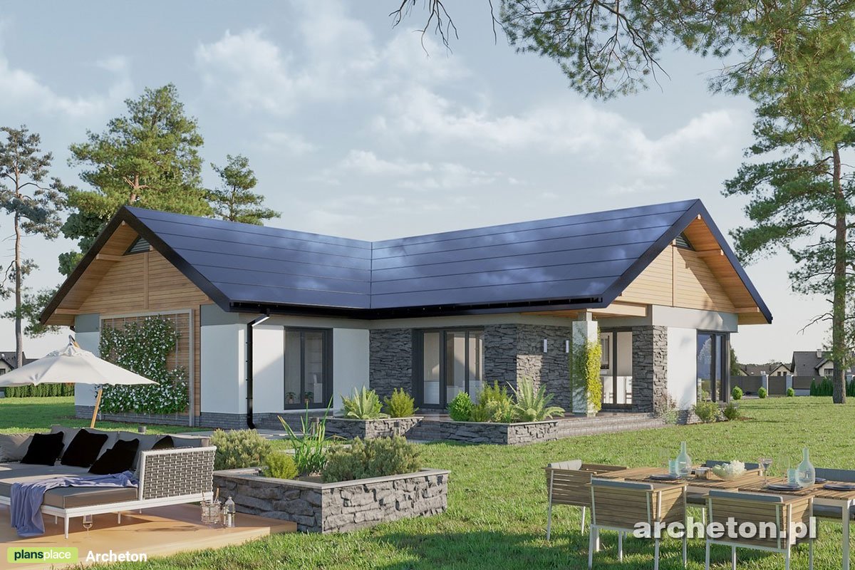 One-story T-Shaped House Plan with 3 Gables and Gable Roof 