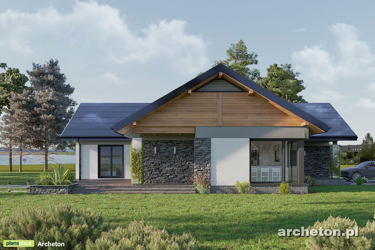 One-story T-Shaped House Plan with 3 Gables and Gable Roof 