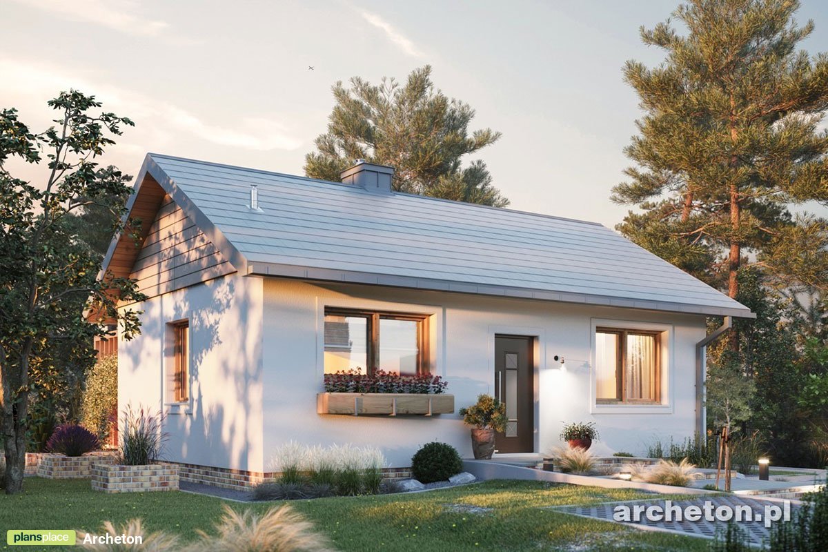 Vieno aukšto namo projektas 53 m²: 2 Miegamieji, 1 Vonios, Atvira virtuvė, be Garažo