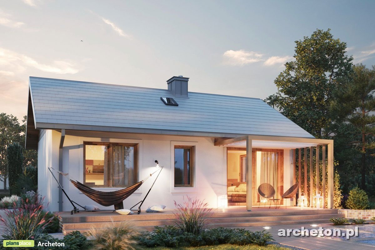 Vieno aukšto namo projektas 53 m²: 2 Miegamieji, 1 Vonios, Atvira virtuvė, be Garažo