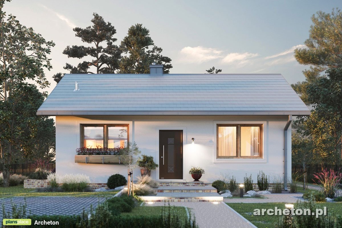 Vieno aukšto namo projektas 53 m²: 2 Miegamieji, 1 Vonios, Atvira virtuvė, be Garažo
