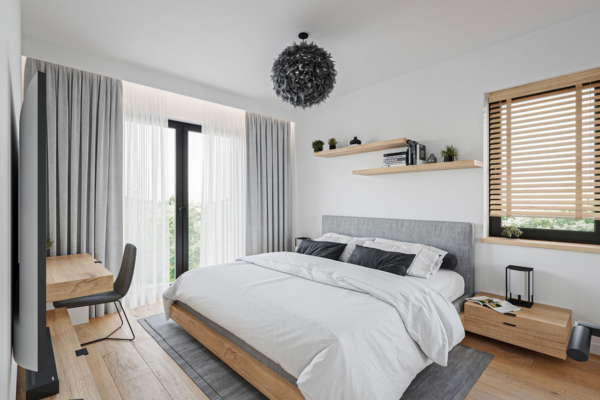 Dviejų aukštų namo projektas 162 m²: 3 Miegamieji, Darbo kambarys, 3 Vonios, Atvira virtuvė, Garažas