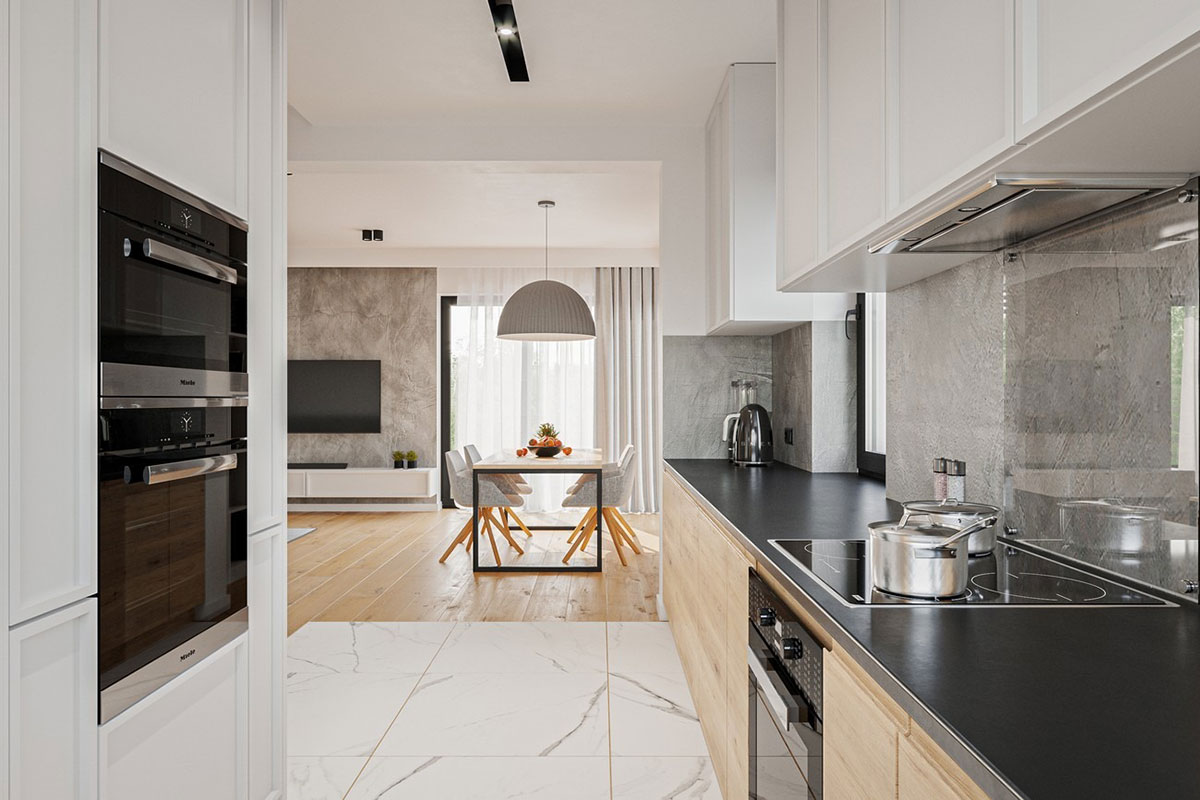 Dviejų aukštų namo projektas 162 m²: 3 Miegamieji, Darbo kambarys, 3 Vonios, Atvira virtuvė, Garažas