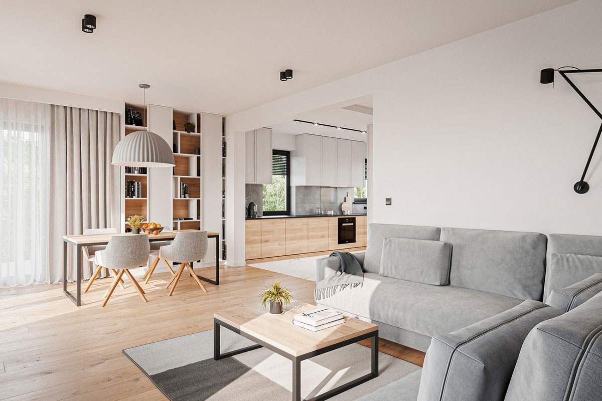 Dviejų aukštų namo projektas 162 m²: 3 Miegamieji, Darbo kambarys, 3 Vonios, Atvira virtuvė, Garažas