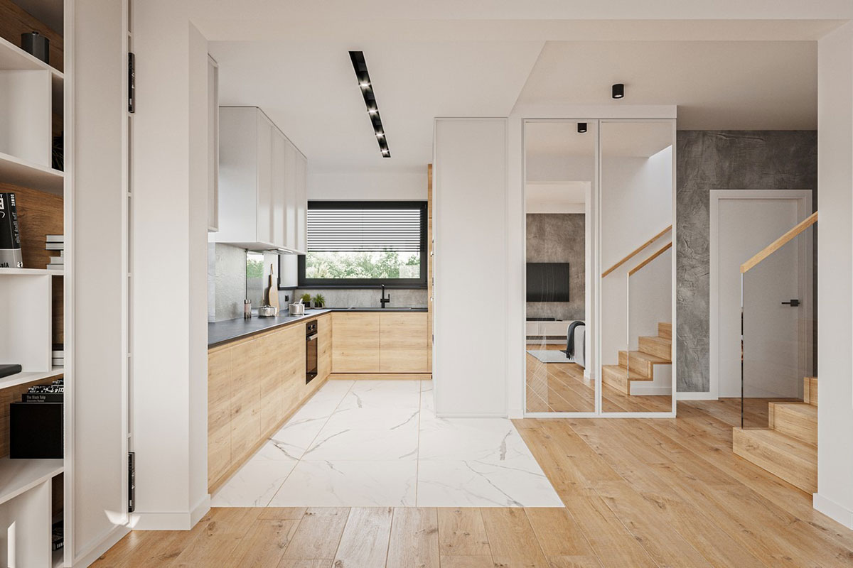 Dviejų aukštų namo projektas 162 m²: 3 Miegamieji, Darbo kambarys, 3 Vonios, Atvira virtuvė, Garažas