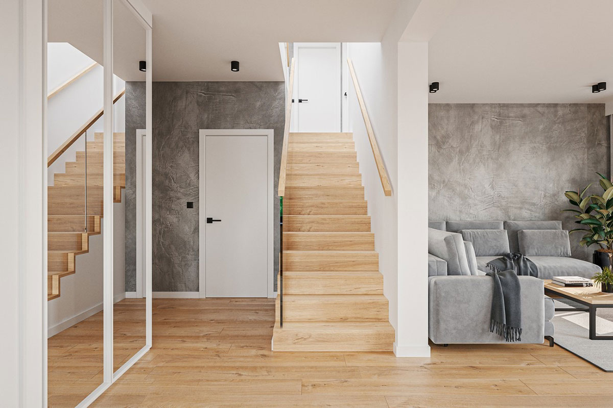Dviejų aukštų namo projektas 162 m²: 3 Miegamieji, Darbo kambarys, 3 Vonios, Atvira virtuvė, Garažas