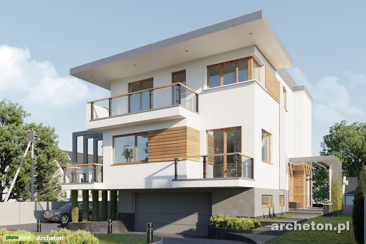 2-Story Flat Roof House Plan with Basement Garage