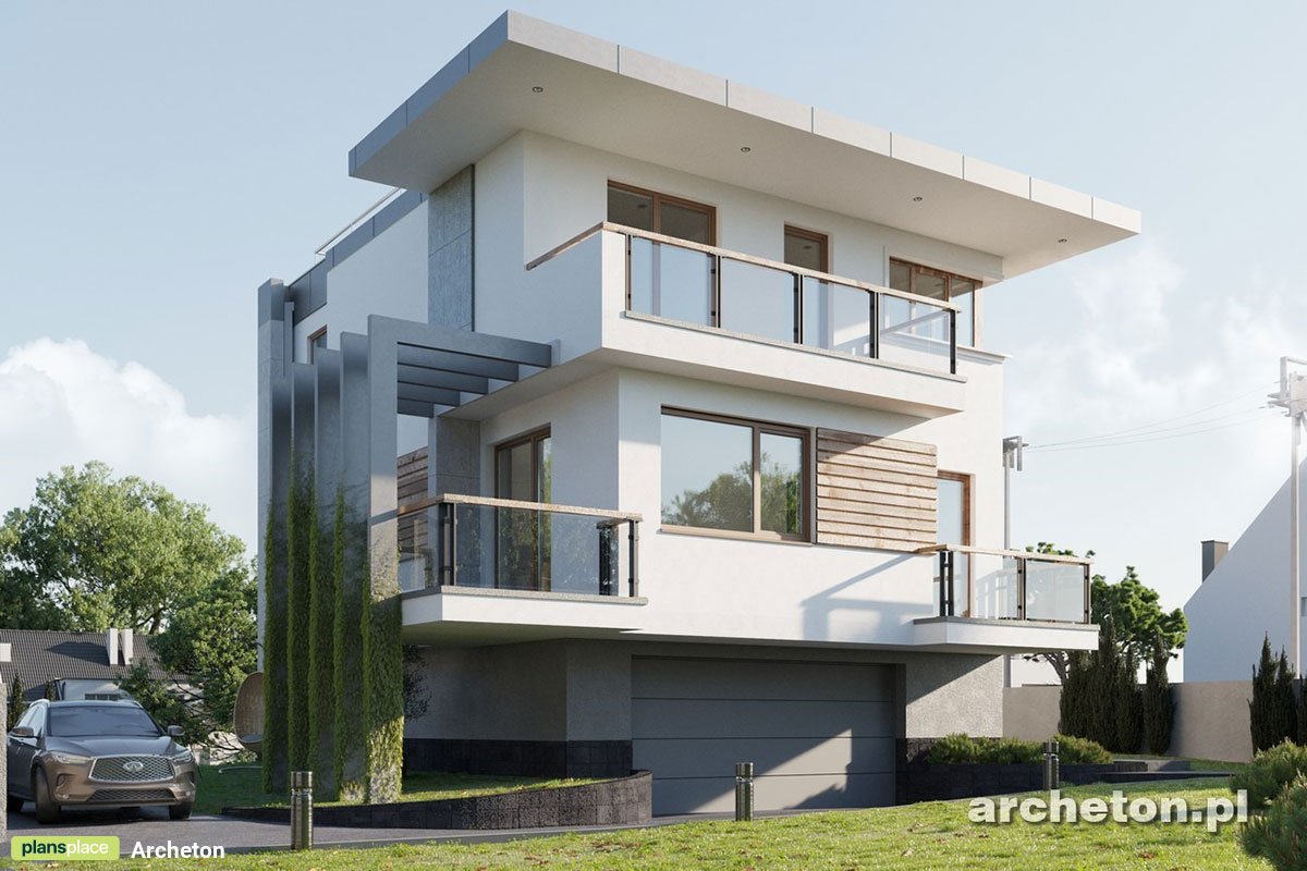 2-Story Flat Roof House Plan with Basement Garage