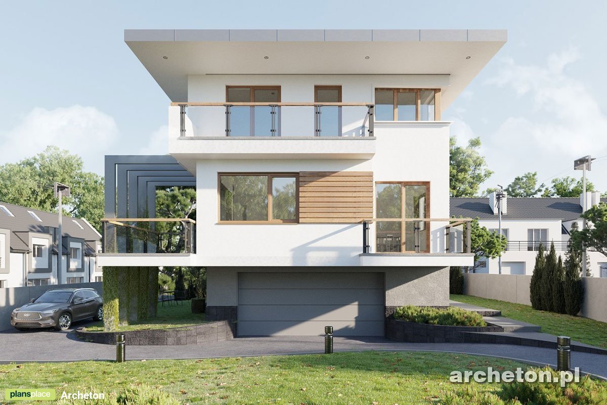 Dviejų aukštų namo projektas + rūsiu 202 m²: 3 Miegamieji, Darbo kambarys, 3 Vonios, Atvira virtuvė, Garažas