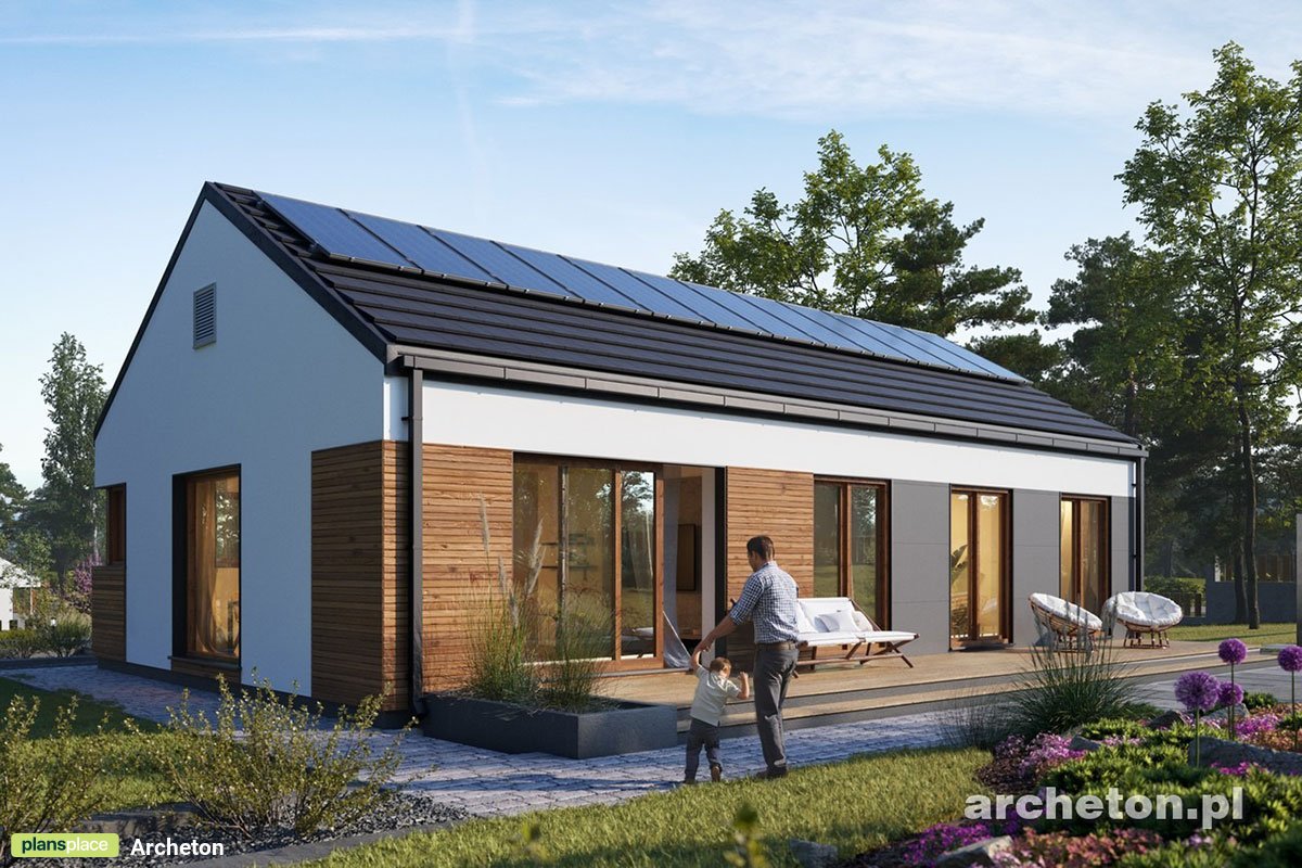 Vieno aukšto namo projektas 103 m²: 3 Miegamieji, Darbo kambarys, 2 Vonios, Atvira virtuvė, be Garažo