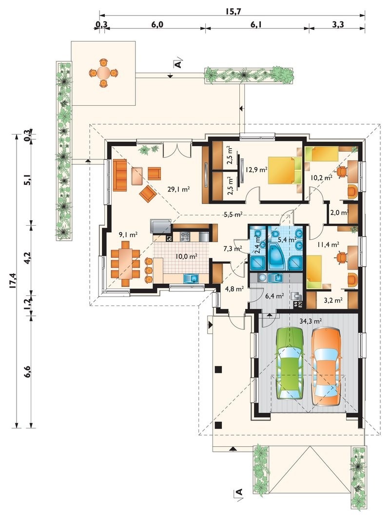 Vieno aukšto namo projektas 159 m²: 3 Miegamieji, 2 Vonios, Garažas