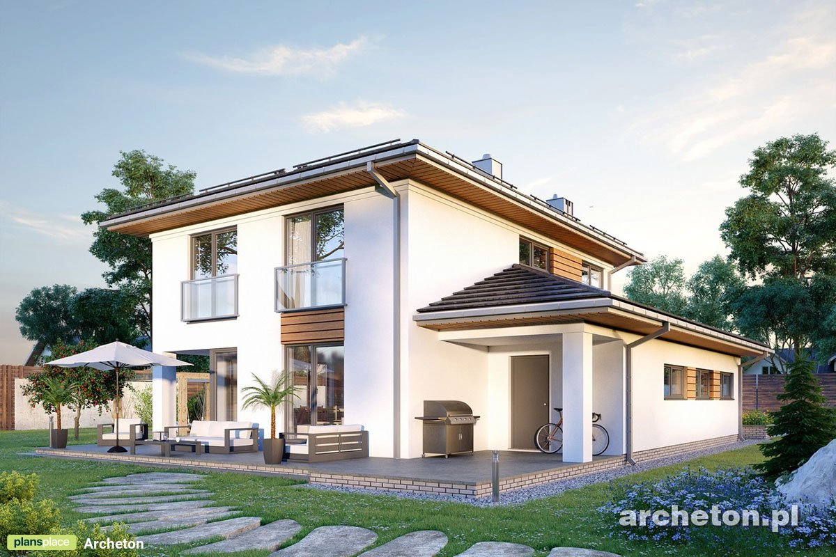 2-Story Hip Roof House Plan with Corner Fireplace and Garage