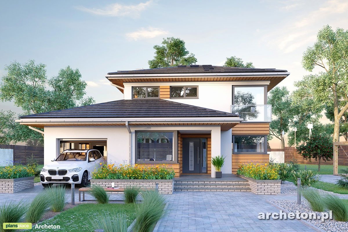 2-Story Hip Roof House Plan with Corner Fireplace and Garage