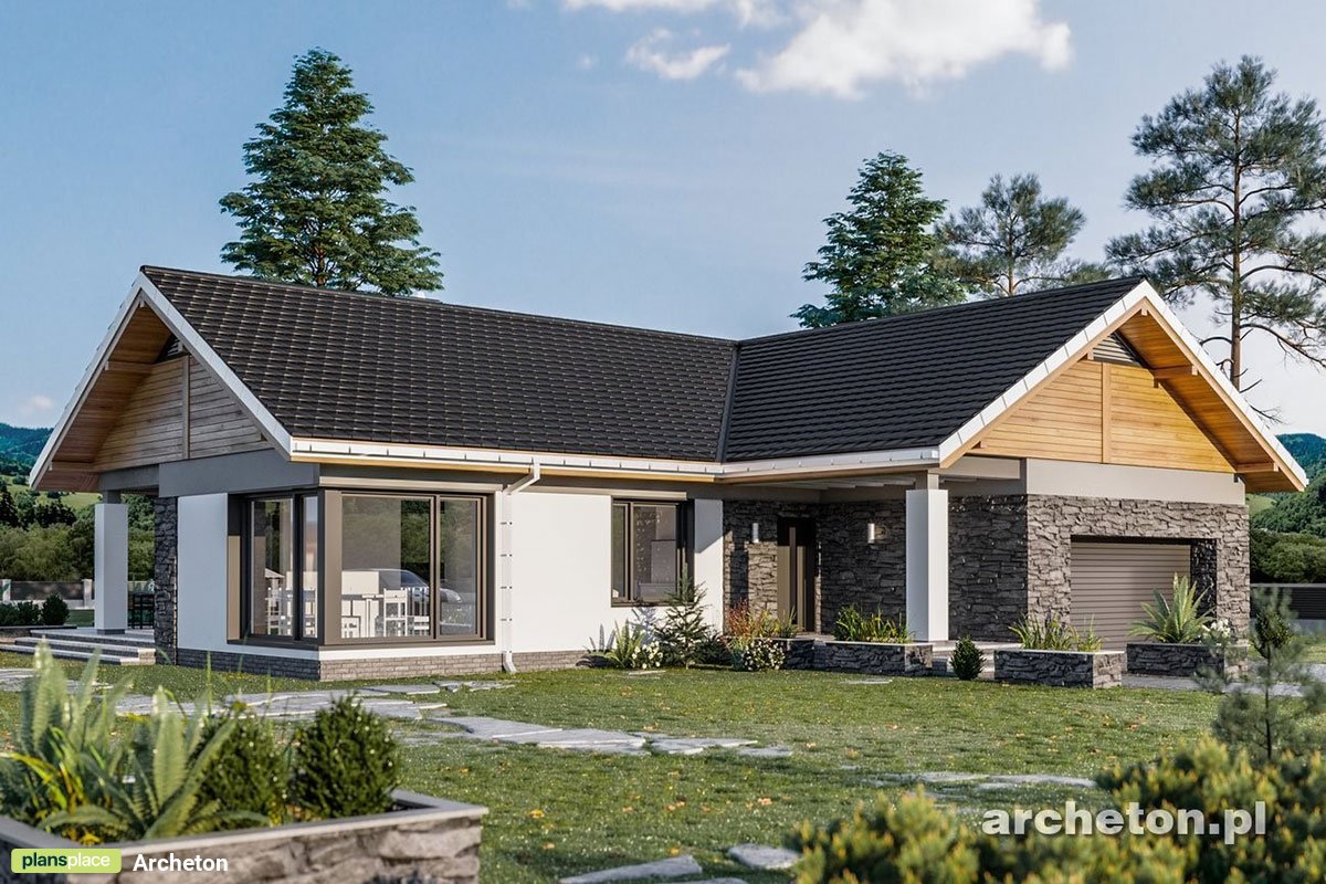 Vieno aukšto namo projektas 176 m²: 3 Miegamieji, 2 Vonios, Atvira virtuvė, Garažas