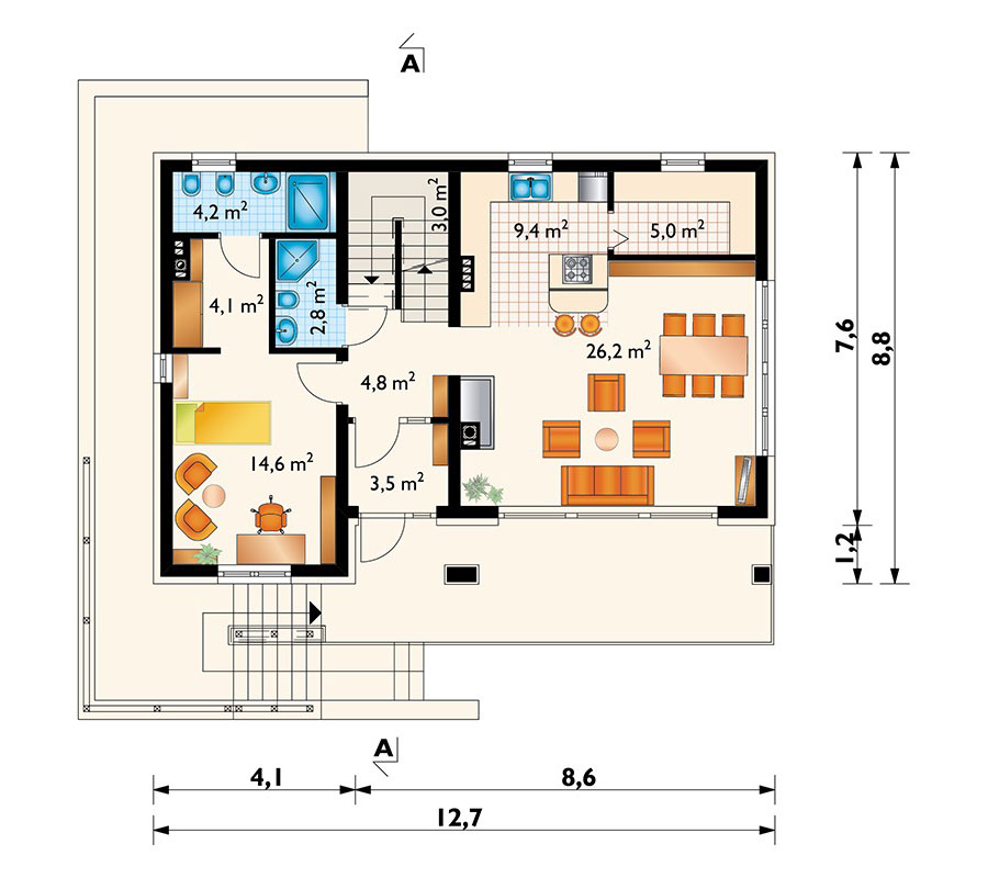Namo projektas su mansarda + rūsiu 251 m²: 4 Miegamieji, Darbo kambarys, 3 Vonios, Atvira virtuvė, Garažas