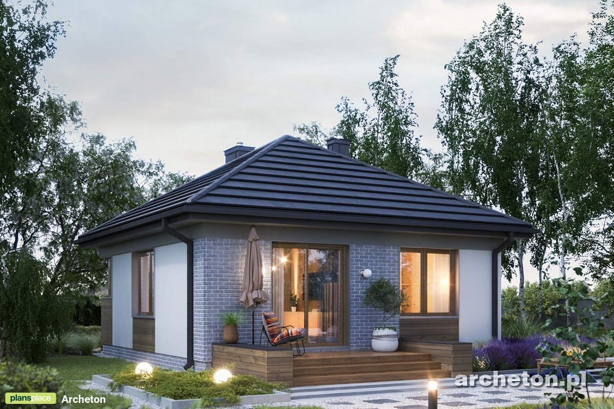 Vieno aukšto namo projektas 47 m²: 1 Miegamieji, 1 Vonios, Atvira virtuvė, be Garažo