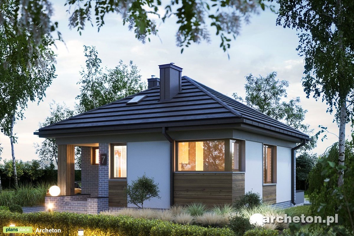Vieno aukšto namo projektas 47 m²: 1 Miegamieji, 1 Vonios, Atvira virtuvė, be Garažo