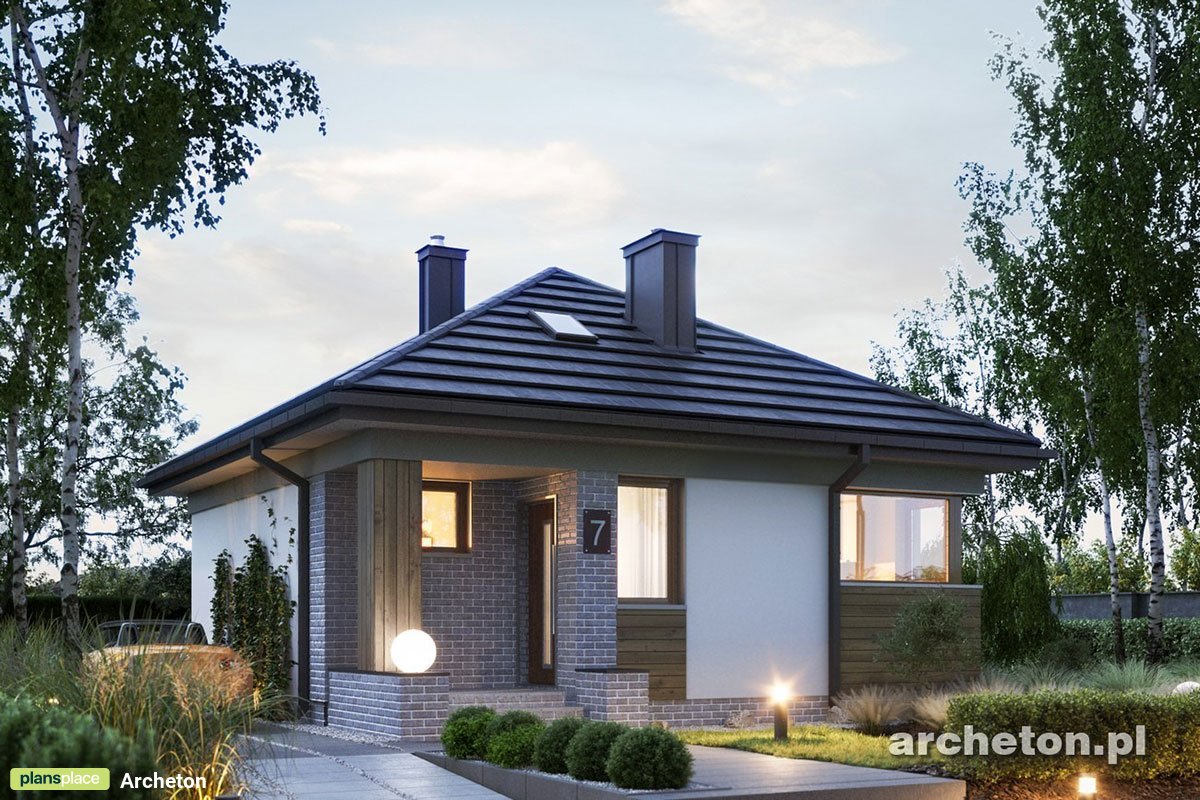Vieno aukšto namo projektas 47 m²: 1 Miegamieji, 1 Vonios, Atvira virtuvė, be Garažo