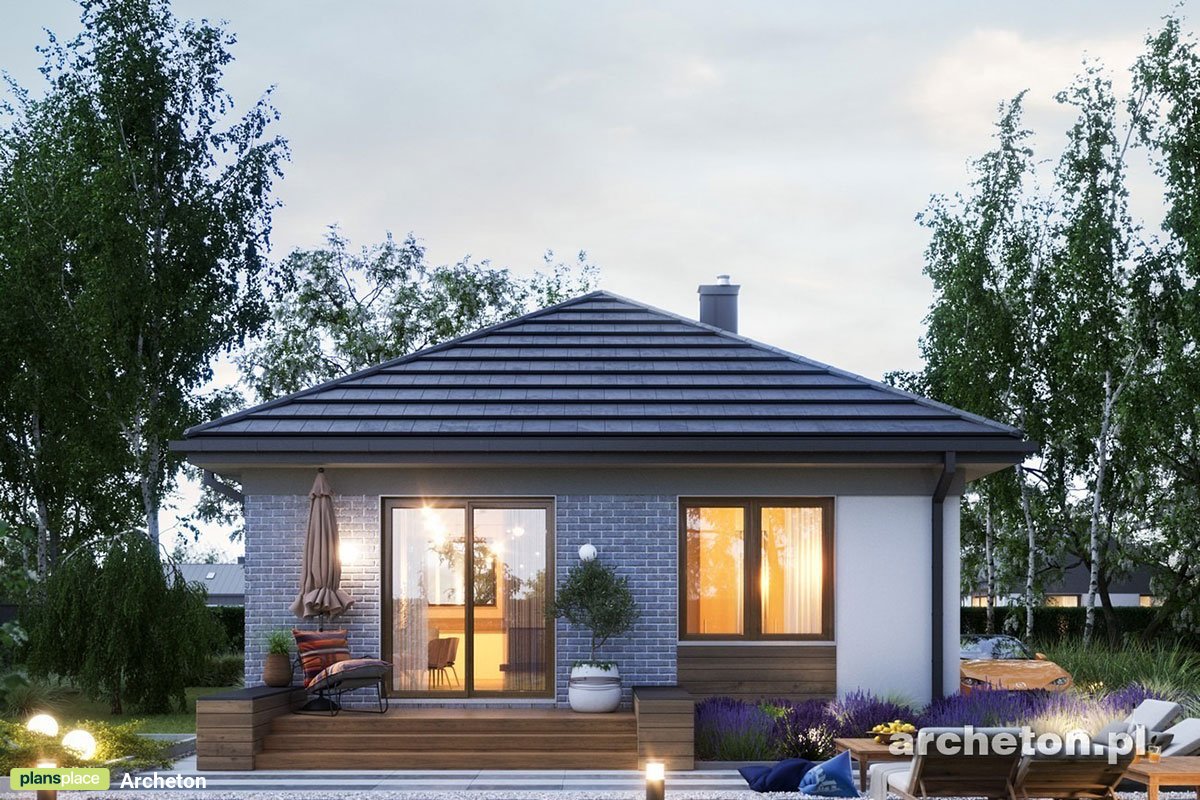 Vieno aukšto namo projektas 47 m²: 1 Miegamieji, 1 Vonios, Atvira virtuvė, be Garažo