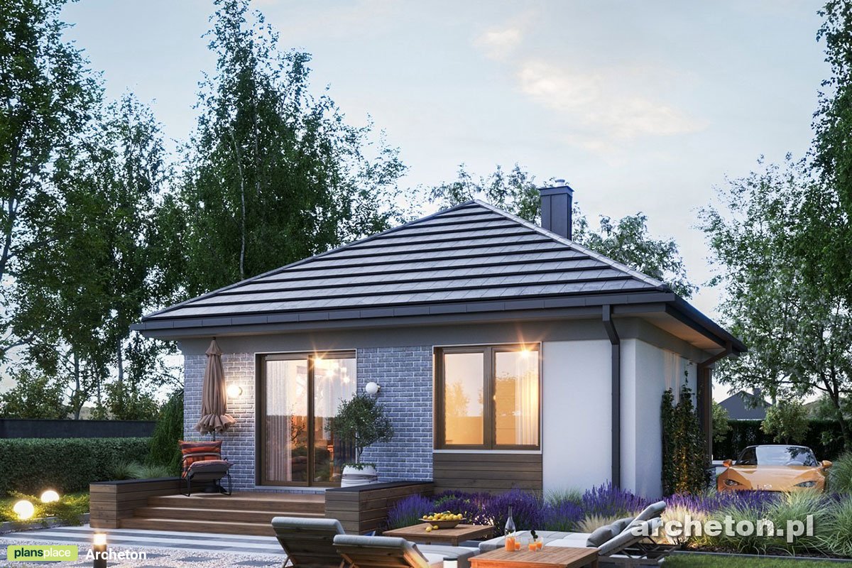 Vieno aukšto namo projektas 47 m²: 1 Miegamieji, 1 Vonios, Atvira virtuvė, be Garažo