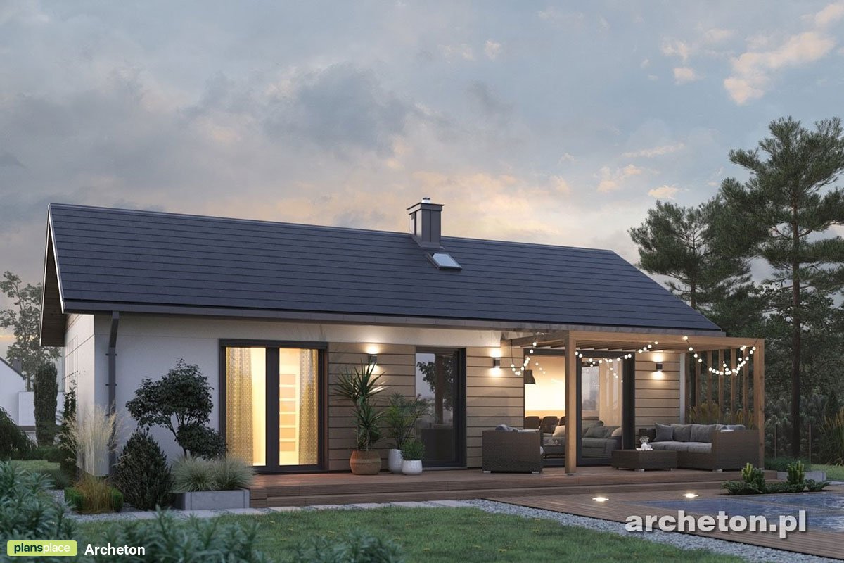 Vieno aukšto namo projektas 67 m²: 3 Miegamieji, 1 Vonios, Atvira virtuvė, be Garažo