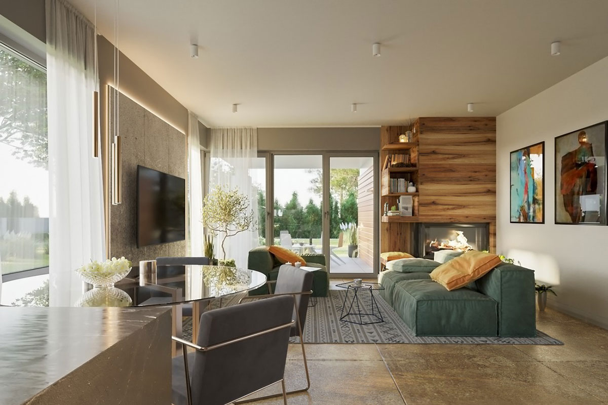 Vieno aukšto namo projektas 153 m²: 3 Miegamieji, Darbo kambarys, 2 Vonios, Atvira virtuvė, Garažas