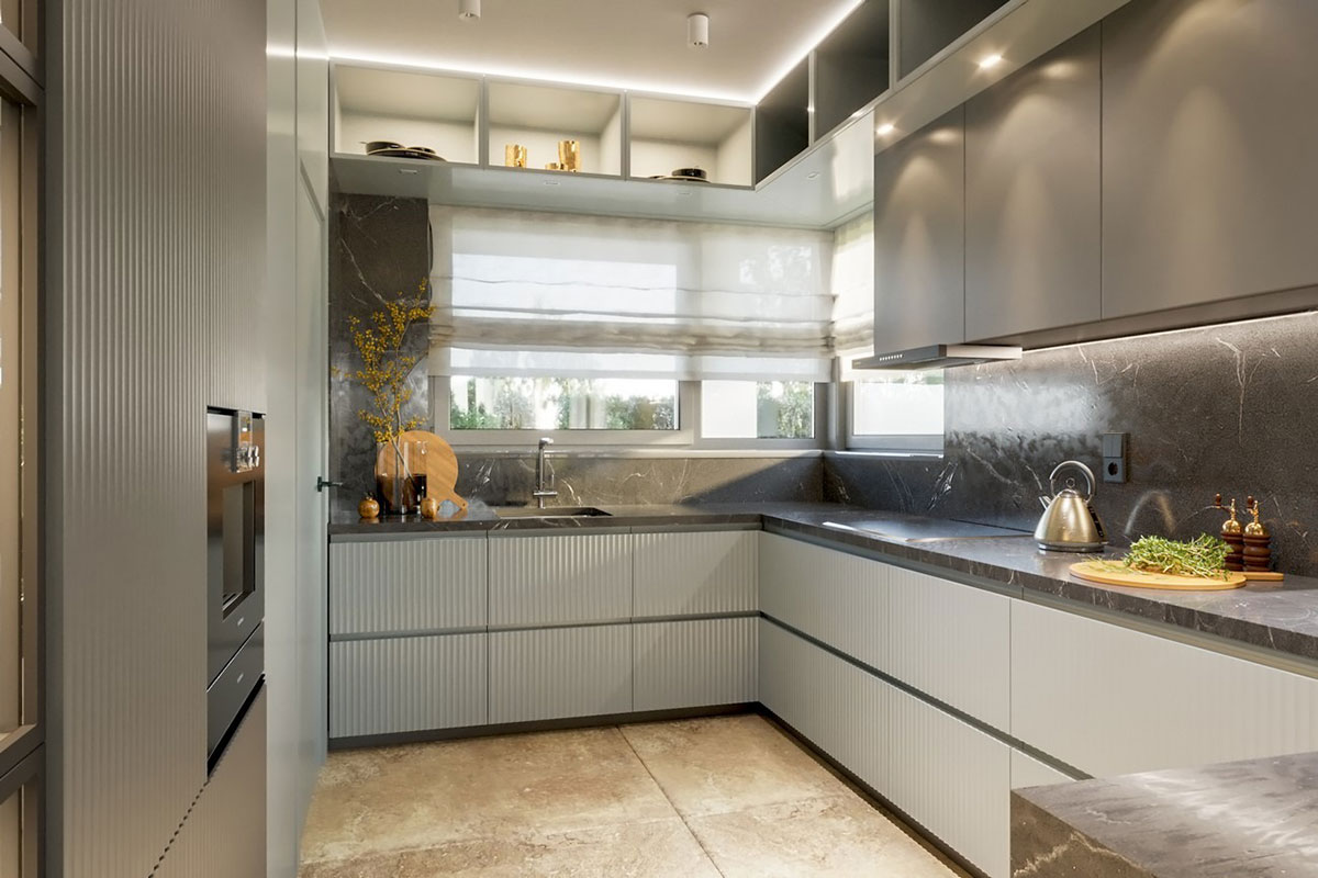 Vieno aukšto namo projektas 153 m²: 3 Miegamieji, Darbo kambarys, 2 Vonios, Atvira virtuvė, Garažas