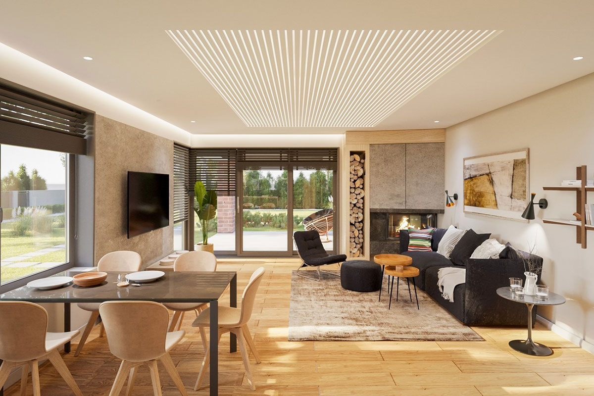 Vieno aukšto namo projektas 164 m²: 4 Miegamieji, 2 Vonios, Atvira virtuvė, Garažas