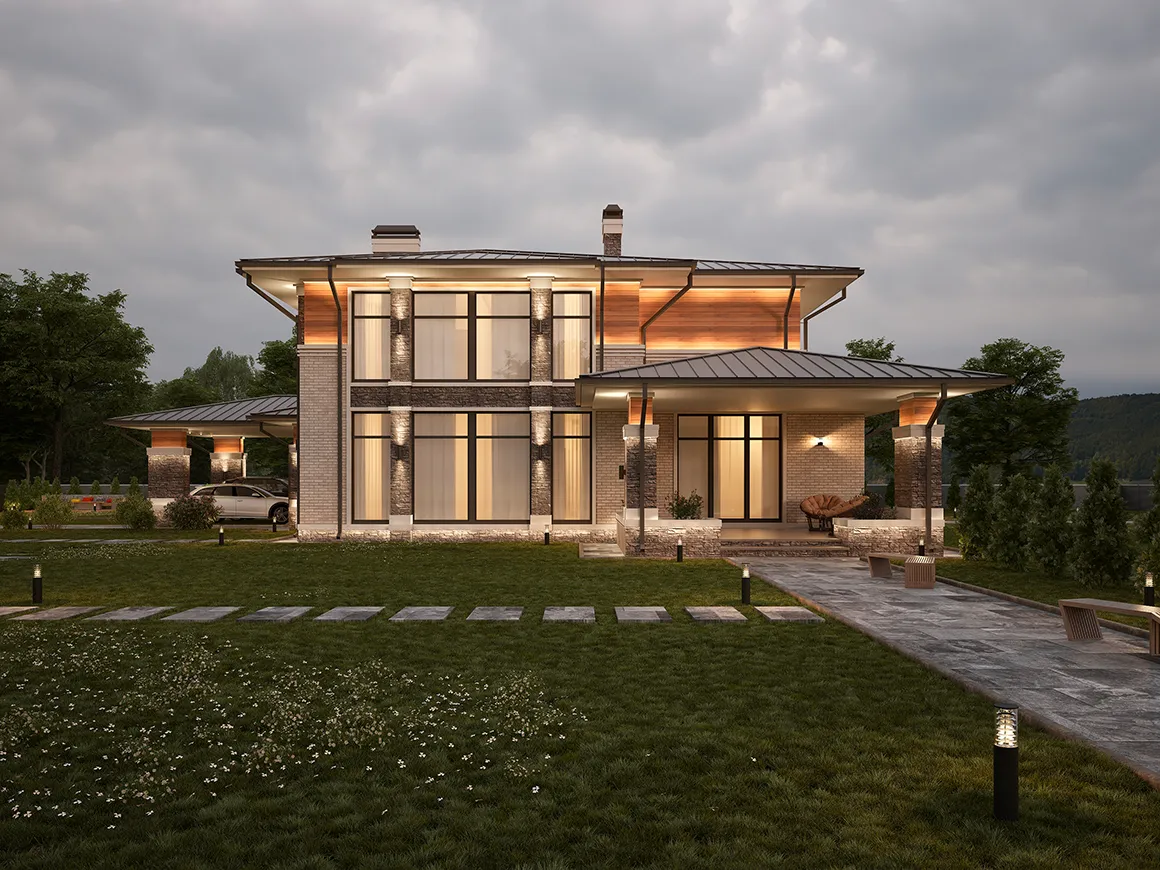 Dviejų aukštų namo projektas 339 m²: 5 Miegamieji, Darbo kambarys, 4 Vonios, Atvira virtuvė, be Garažo