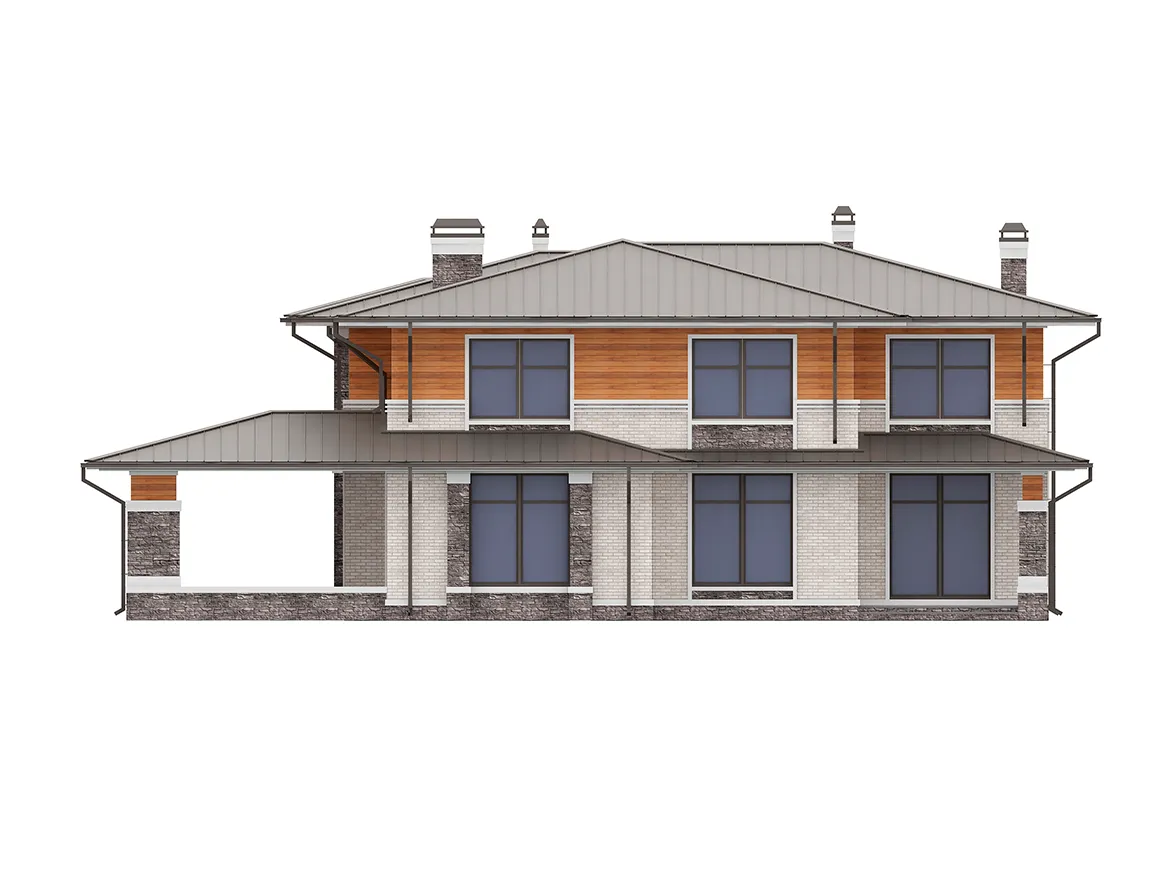 Dviejų aukštų namo projektas 339 m²: 5 Miegamieji, Darbo kambarys, 4 Vonios, Atvira virtuvė, be Garažo