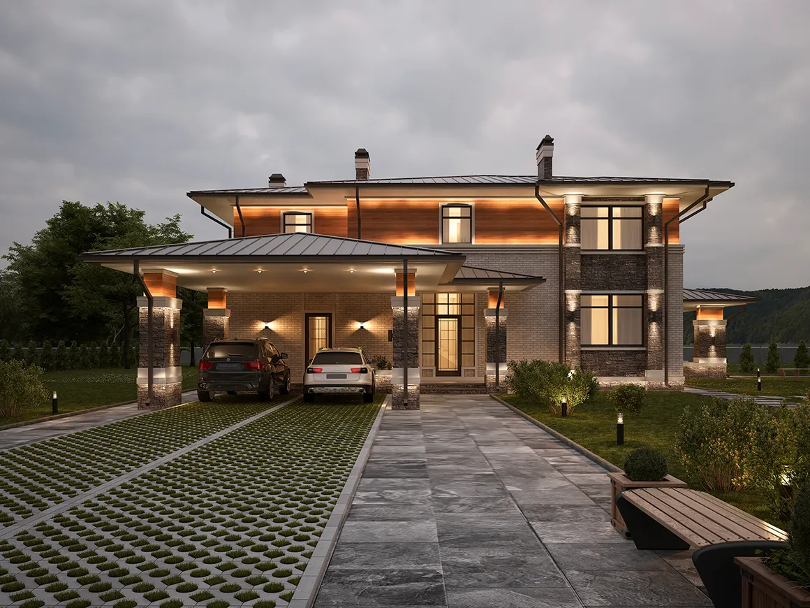 Dviejų aukštų namo projektas 339 m²: 5 Miegamieji, Darbo kambarys, 4 Vonios, Atvira virtuvė, be Garažo