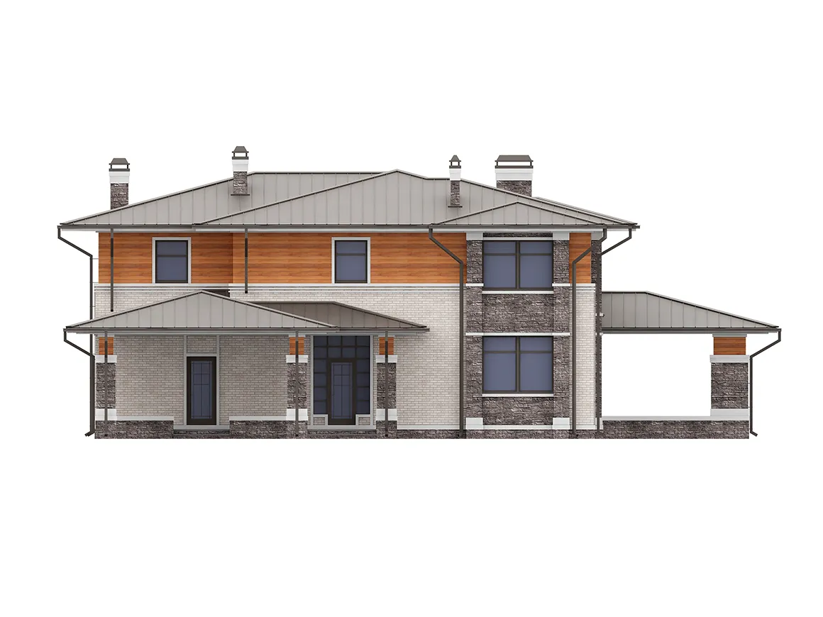 Dviejų aukštų namo projektas 339 m²: 5 Miegamieji, Darbo kambarys, 4 Vonios, Atvira virtuvė, be Garažo