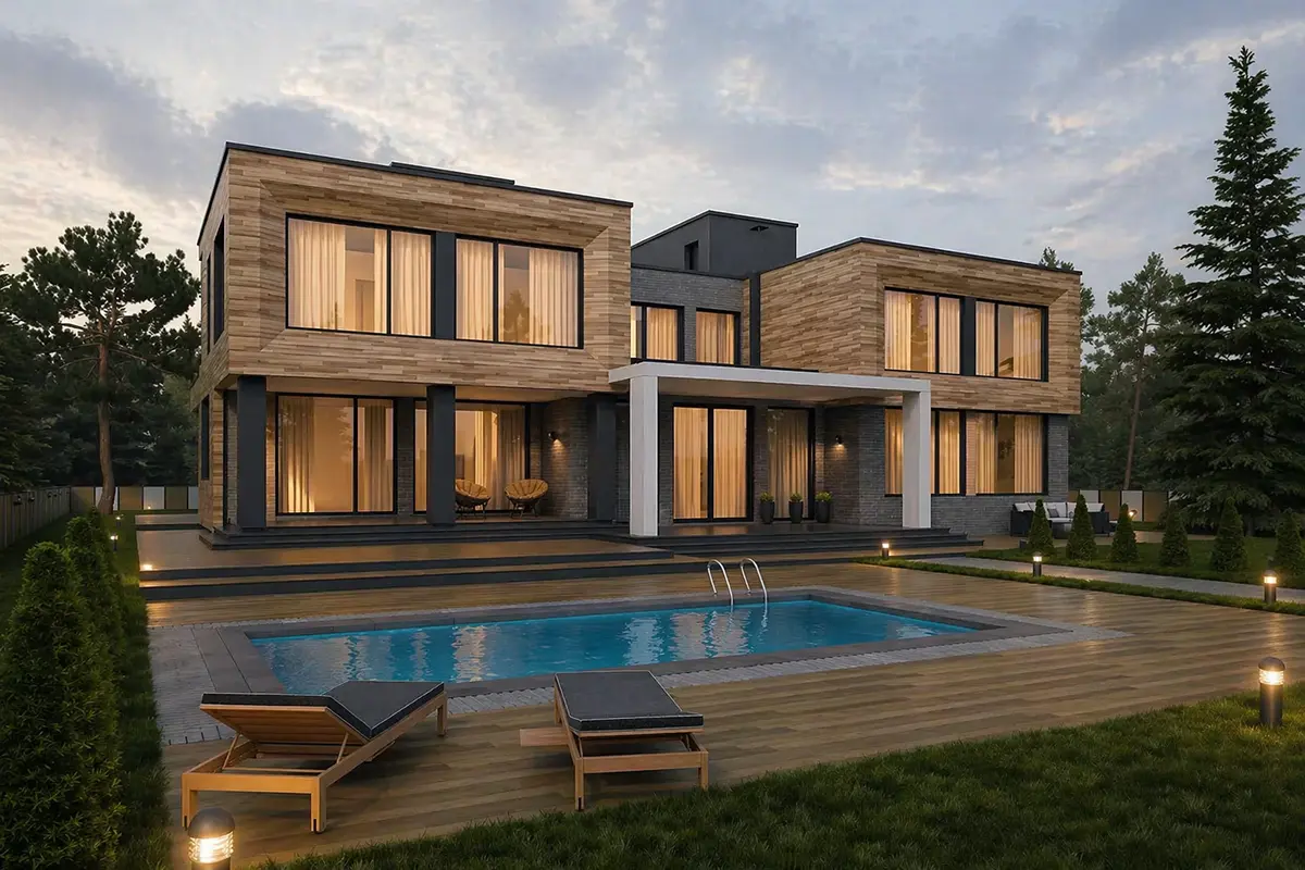 Trijų aukštų namo projektas 461 m²: 6 Miegamieji, Darbo kambarys, 5 Vonios, Atvira virtuvė, be Garažo