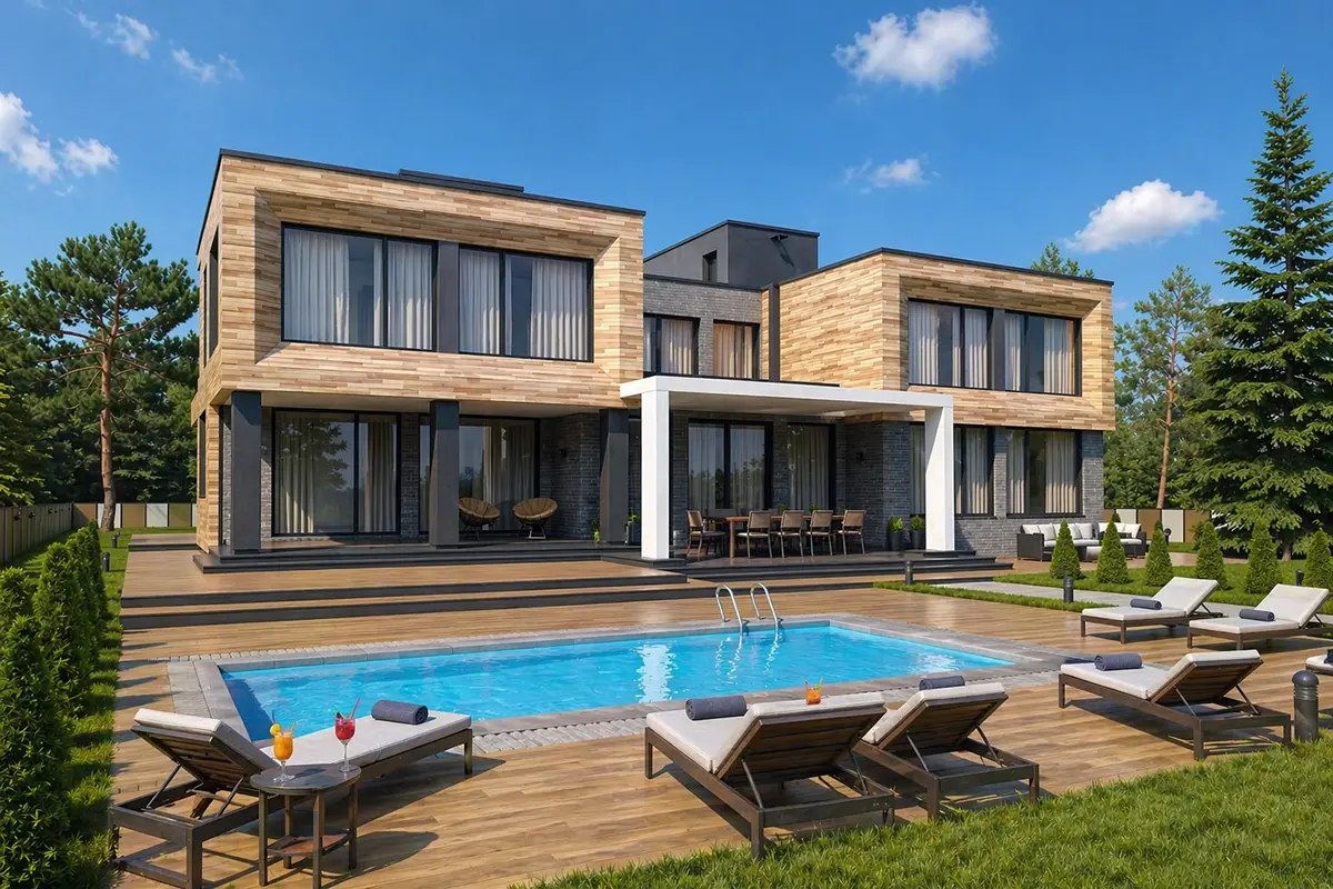 Trijų aukštų namo projektas 461 m²: 6 Miegamieji, Darbo kambarys, 5 Vonios, Atvira virtuvė, be Garažo
