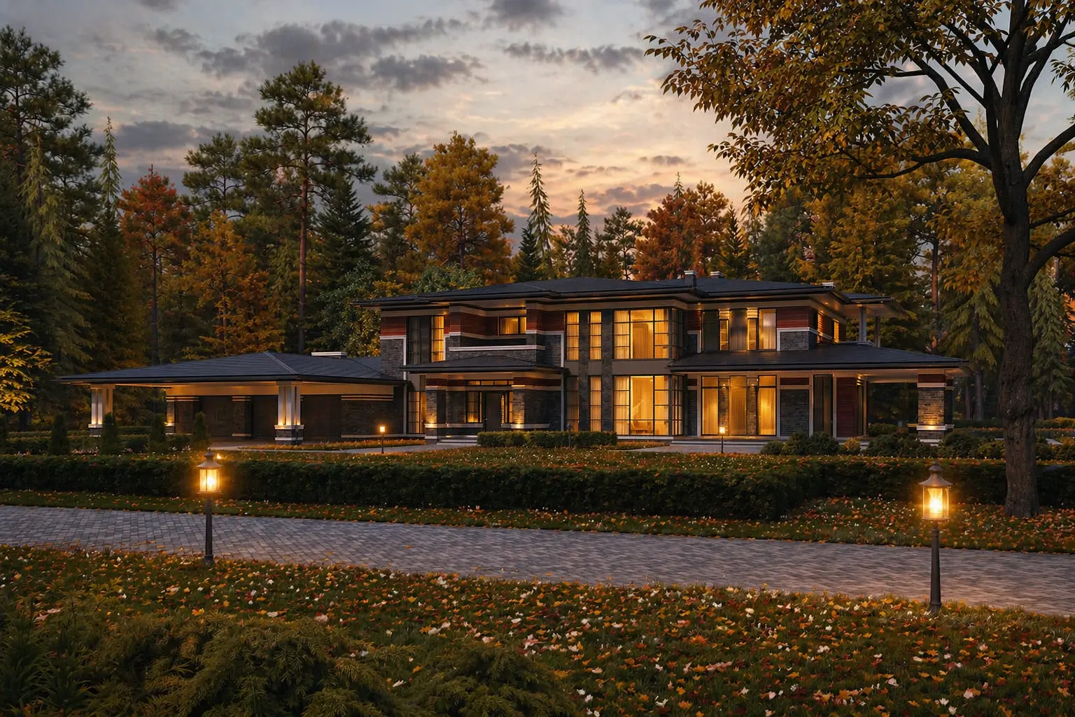 Dviejų aukštų namo projektas 670 m²: 5 Miegamieji, Darbo kambarys, 5 Vonios, Atvira virtuvė, Garažas