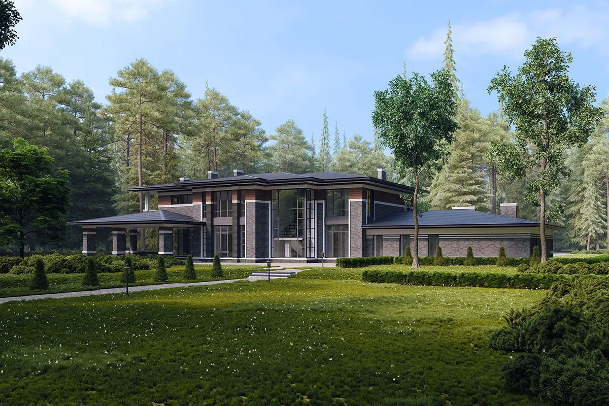 Dviejų aukštų namo projektas 670 m²: 5 Miegamieji, Darbo kambarys, 5 Vonios, Atvira virtuvė, Garažas
