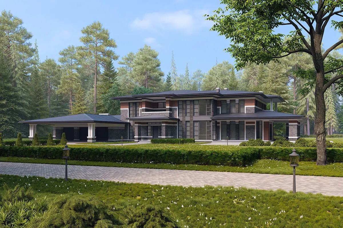 Dviejų aukštų namo projektas 670 m²: 5 Miegamieji, Darbo kambarys, 5 Vonios, Atvira virtuvė, Garažas