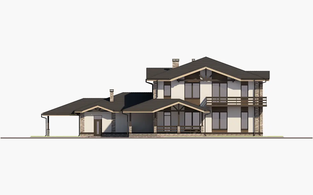 Dviejų aukštų namo projektas 348 m²: 4 Miegamieji, Darbo kambarys, 3 Vonios, Atvira virtuvė, be Garažo