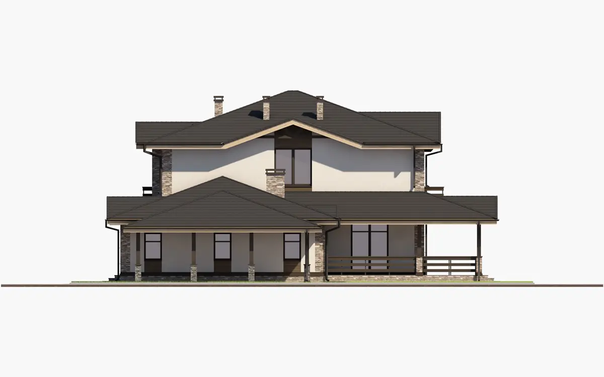 Dviejų aukštų namo projektas 348 m²: 4 Miegamieji, Darbo kambarys, 3 Vonios, Atvira virtuvė, be Garažo