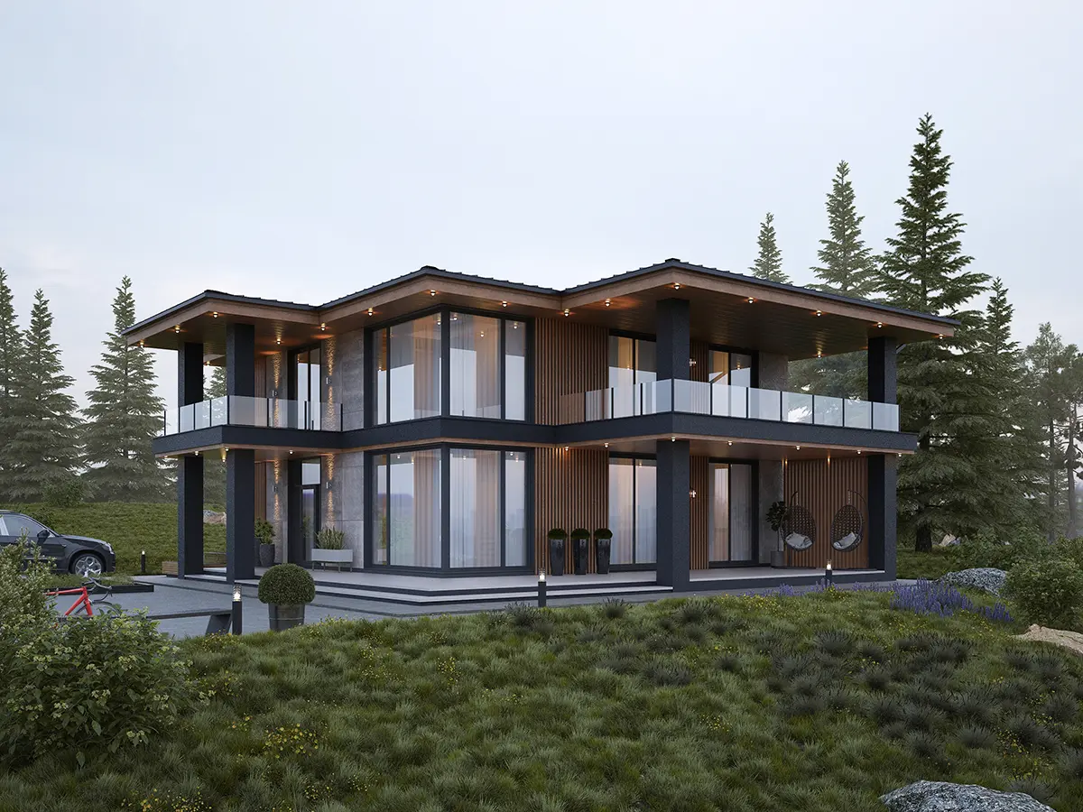 Dviejų aukštų namo projektas 194 m²: 3 Miegamieji, 3 Vonios, Atvira virtuvė, be Garažo