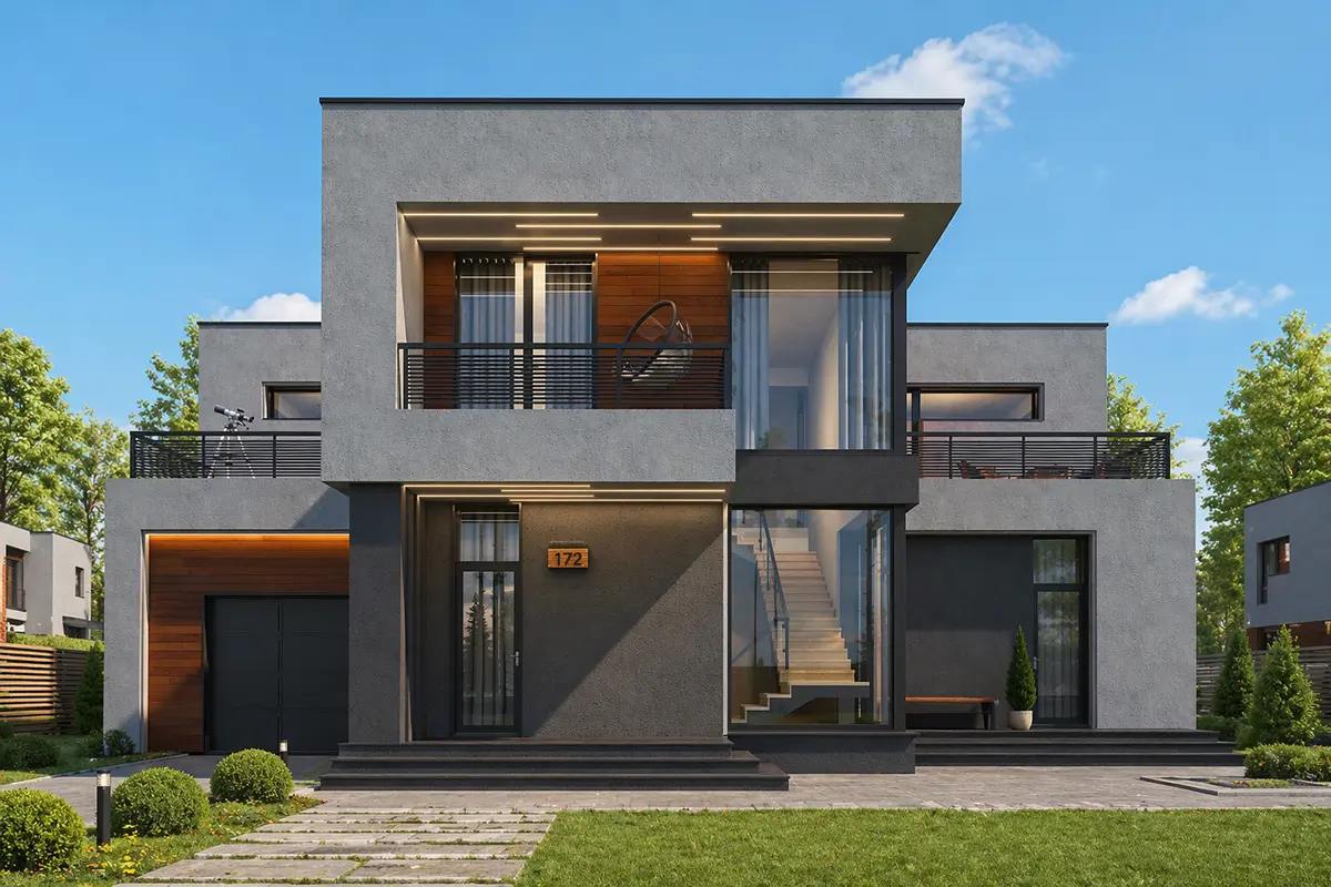Dviejų aukštų namo projektas 351 m²: 3 Miegamieji, Darbo kambarys, 3 Vonios, Atvira virtuvė, be Garažo